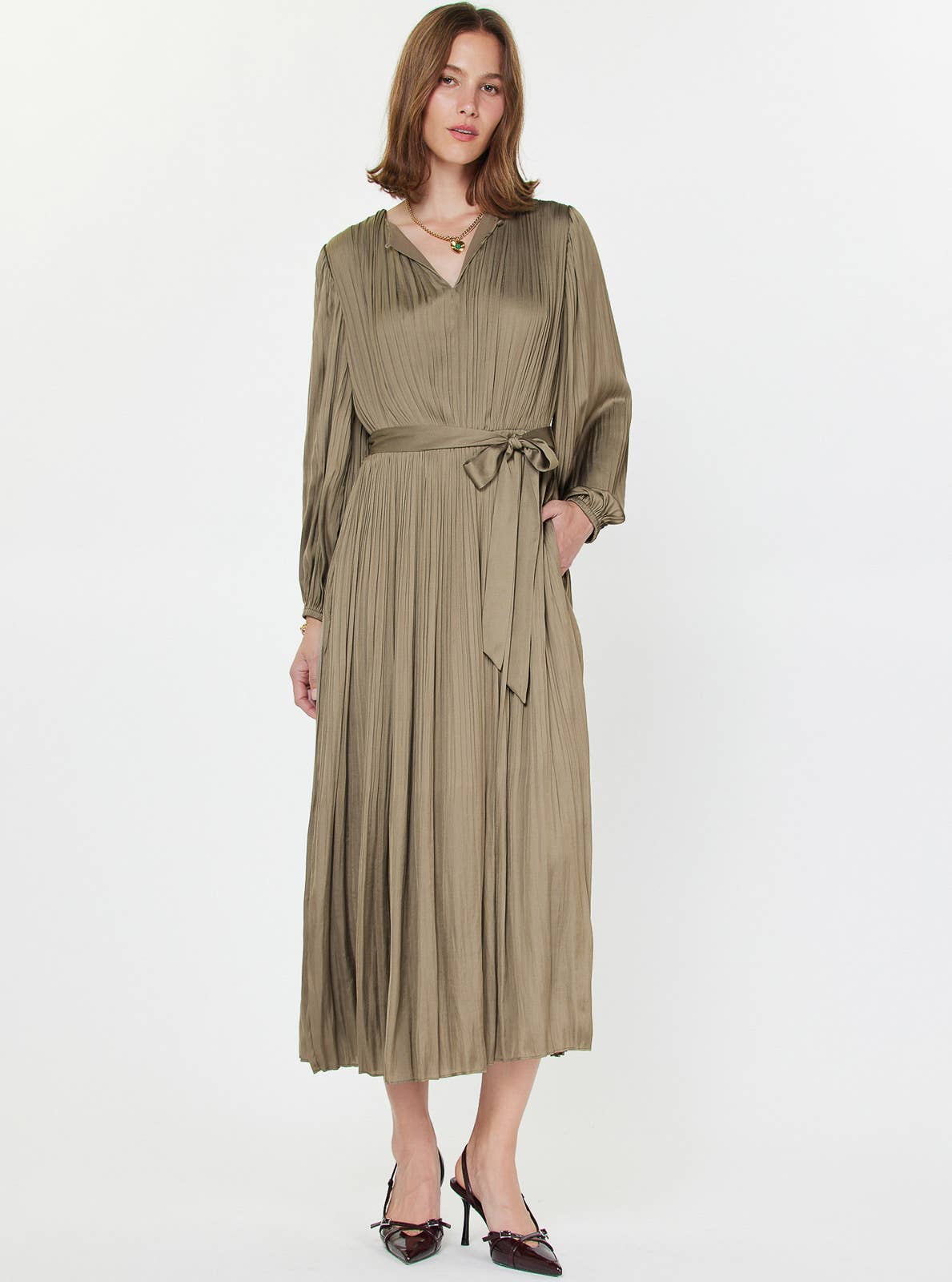Pleated Long Sleeve Midi Dress