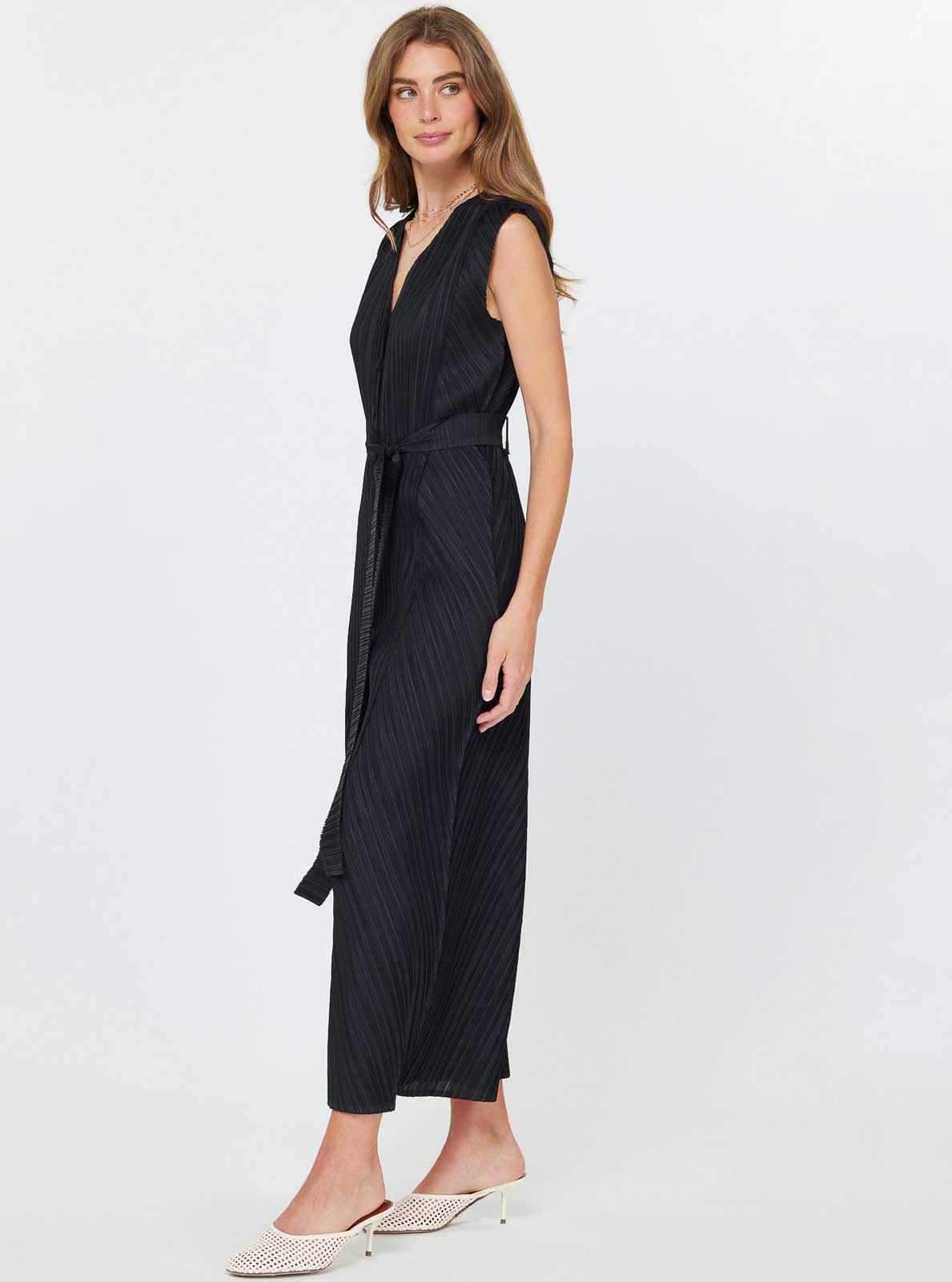 Pleated Sleeveless Button Front Jumpsuit