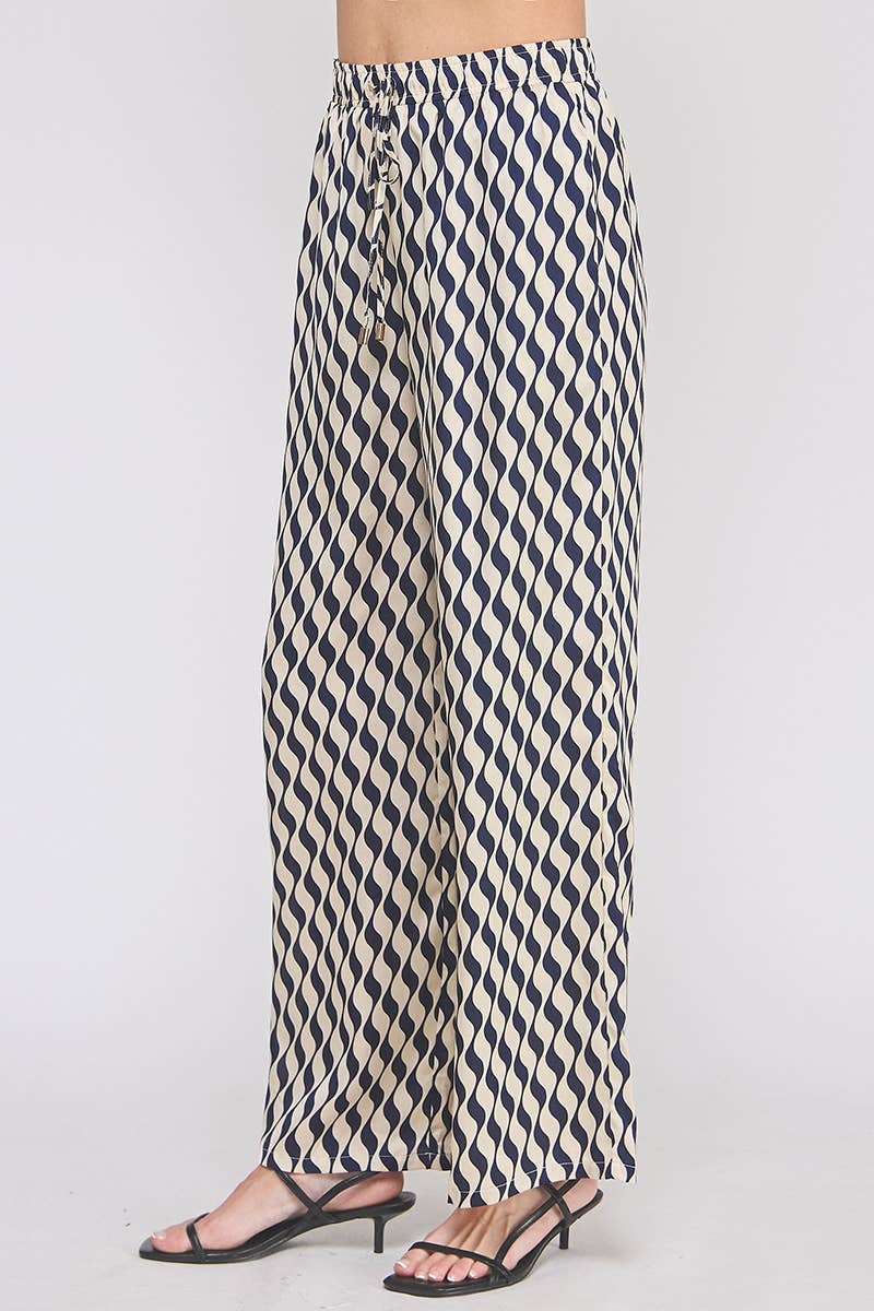 Printed satin elastic tie waist wide leg pant