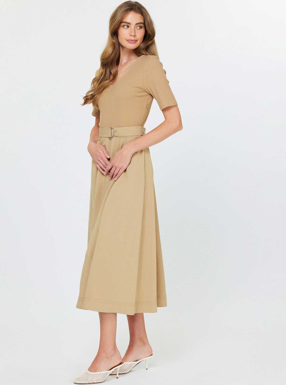 Knit Top And Woven Skirt Combo Midi Dress