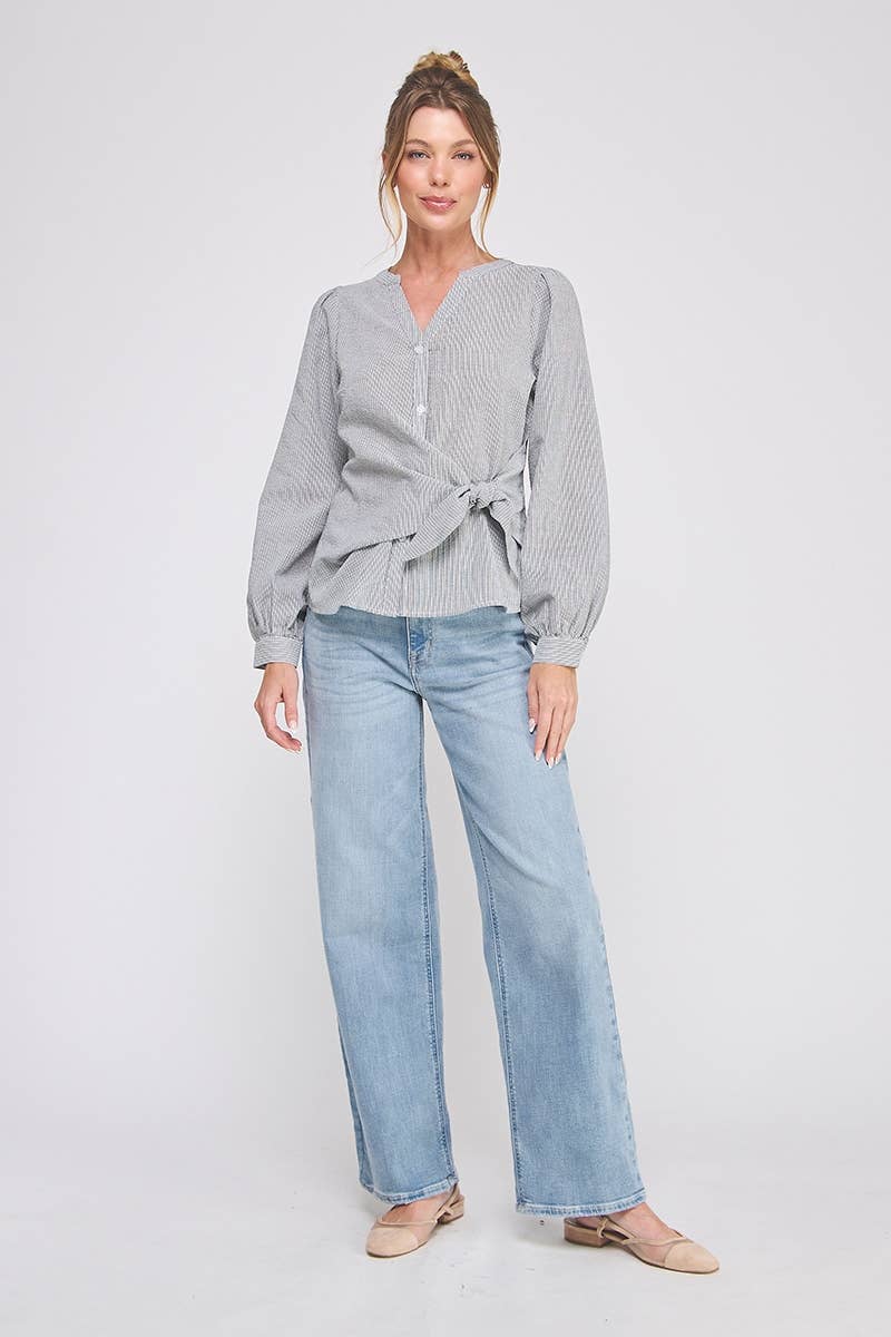 Striped cotton blend side wrap-tie button up blouse