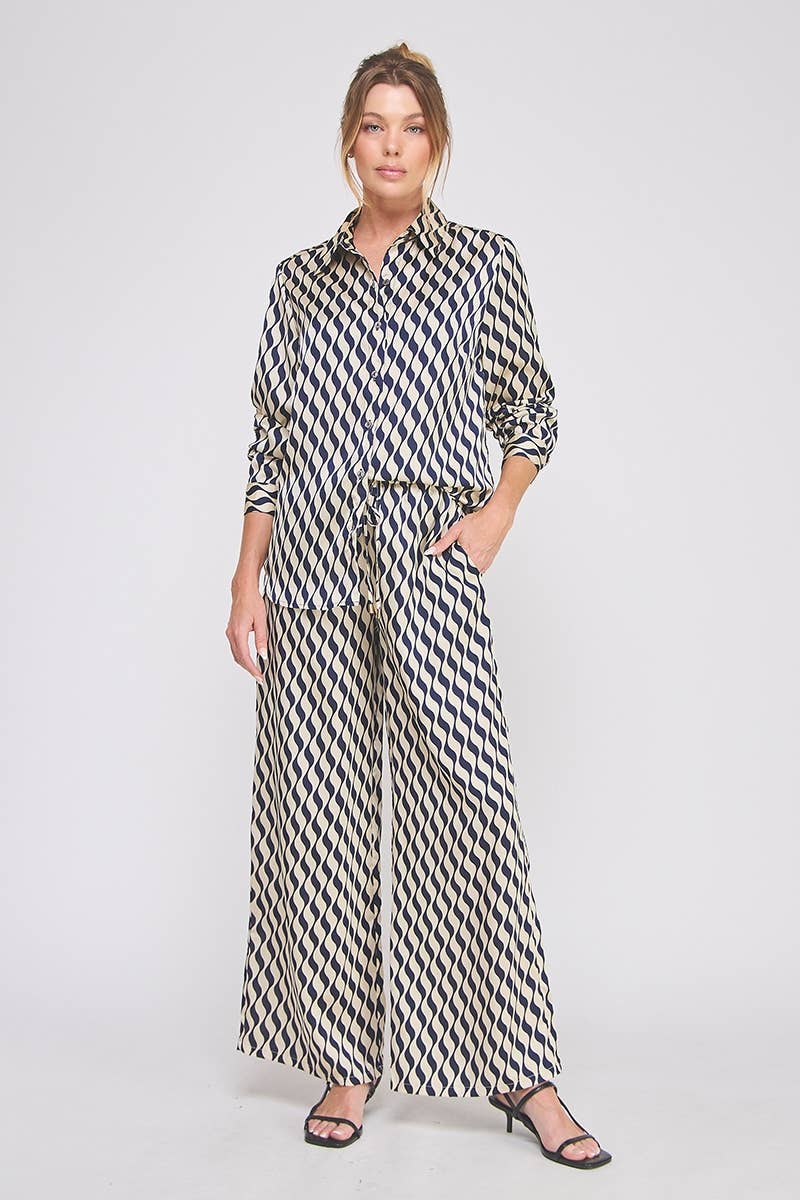 Printed satin elastic tie waist wide leg pant