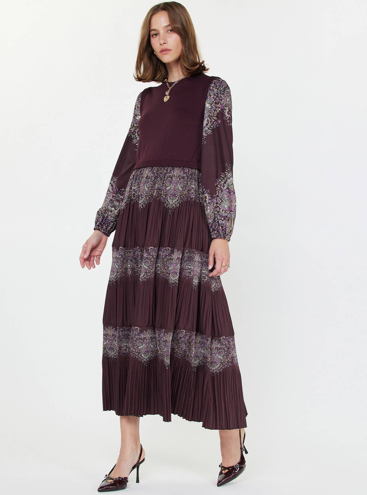 Mixed Media Pleated Midi Dress