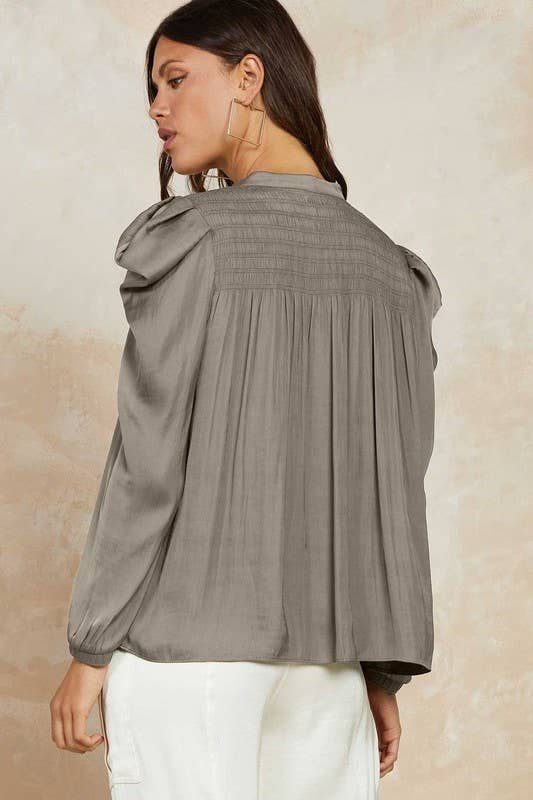 Puffed Shoulder Button Front Blouse