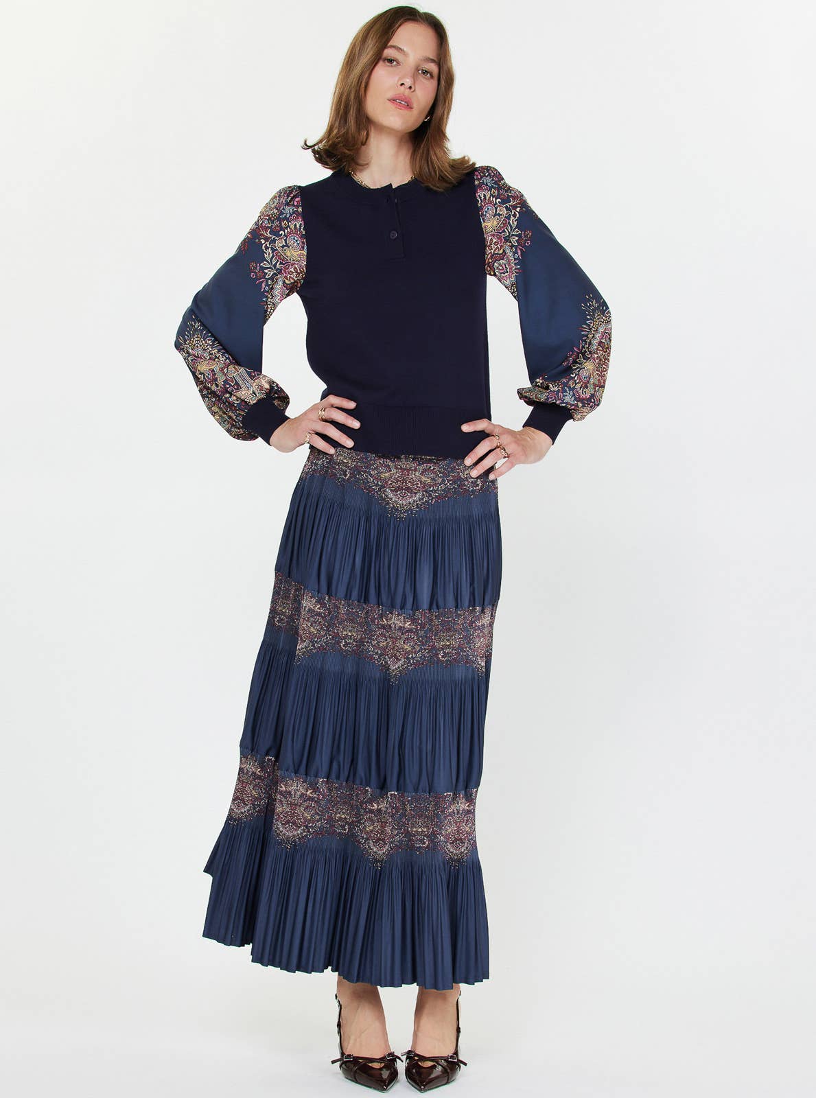Paisley Printed Woven Combo Sweater