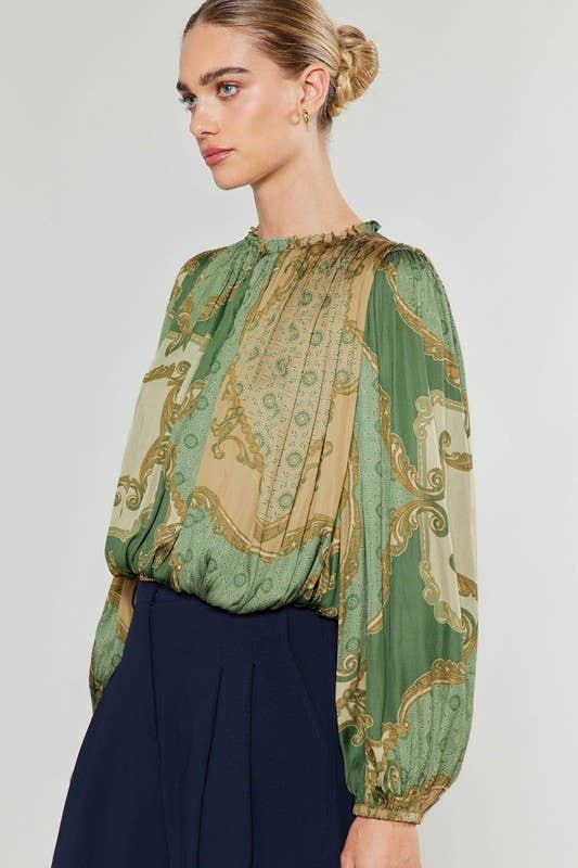 Printed Bubble Hem Blouse-XL