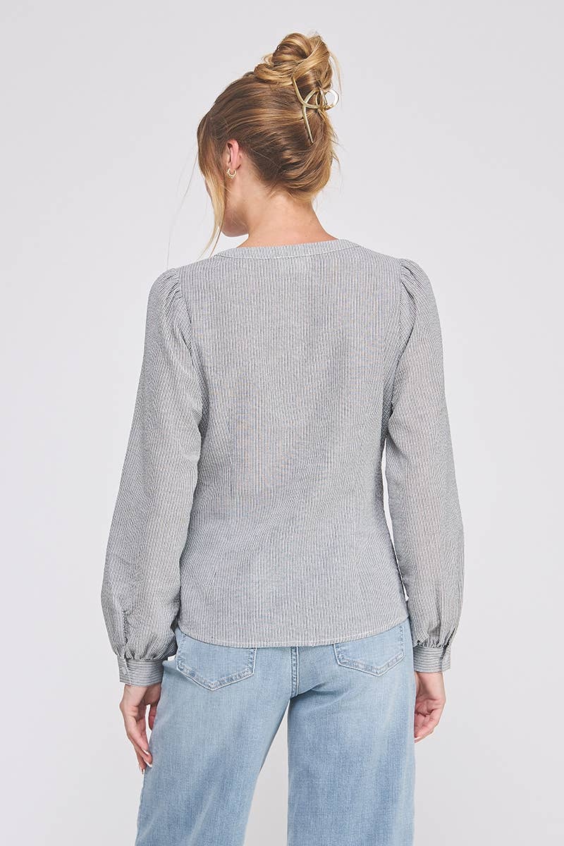 Striped cotton blend side wrap-tie button up blouse