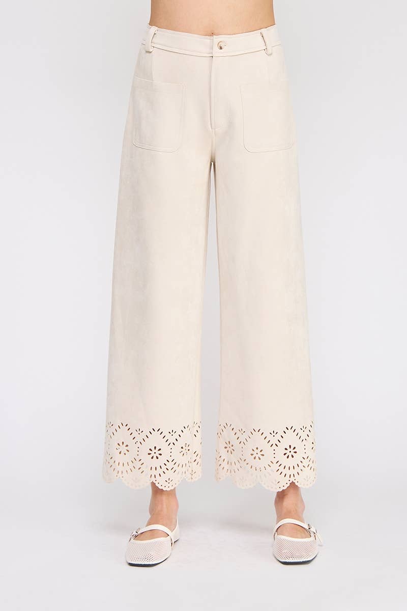Suede laser cut wide leg pants