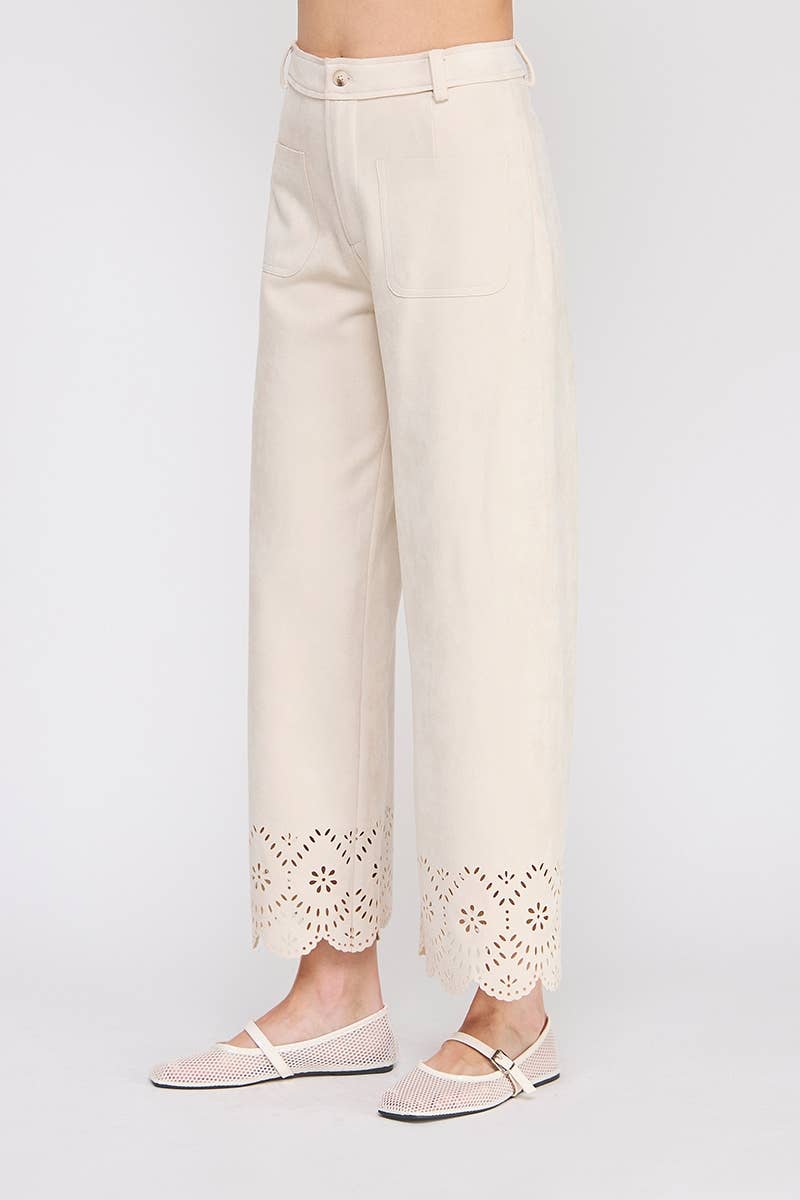 Suede laser cut wide leg pants