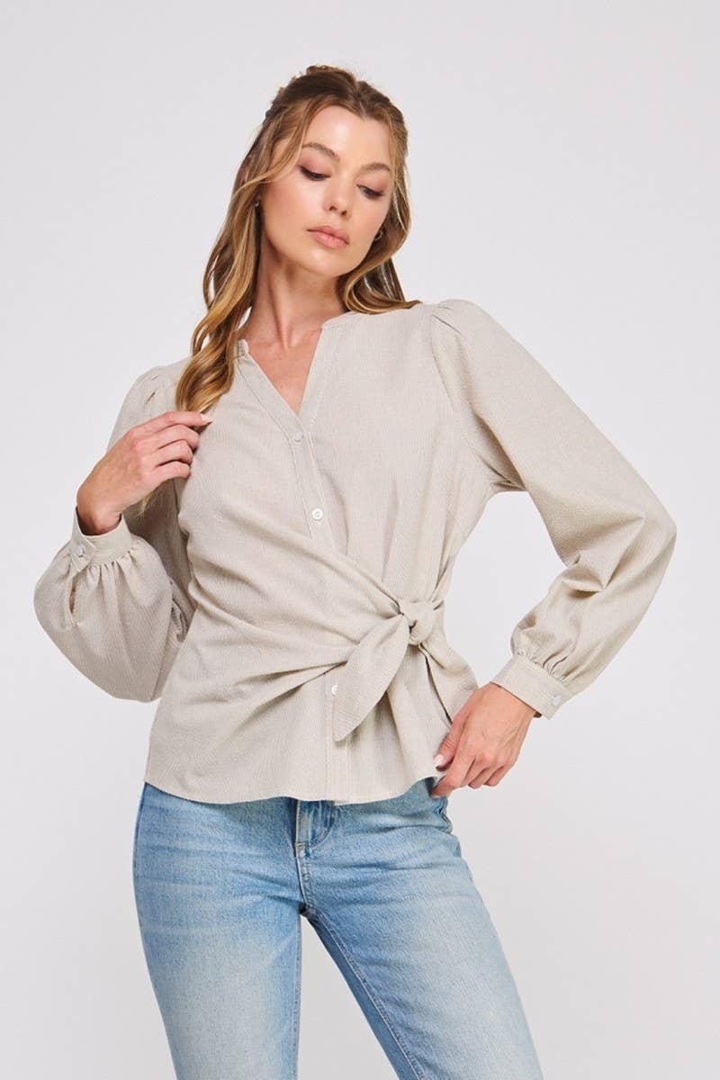 Striped cotton blend side wrap-tie button up blouse