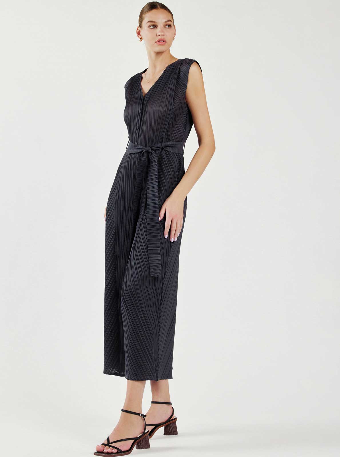 Pleated Sleeveless Button Front Jumpsuit
