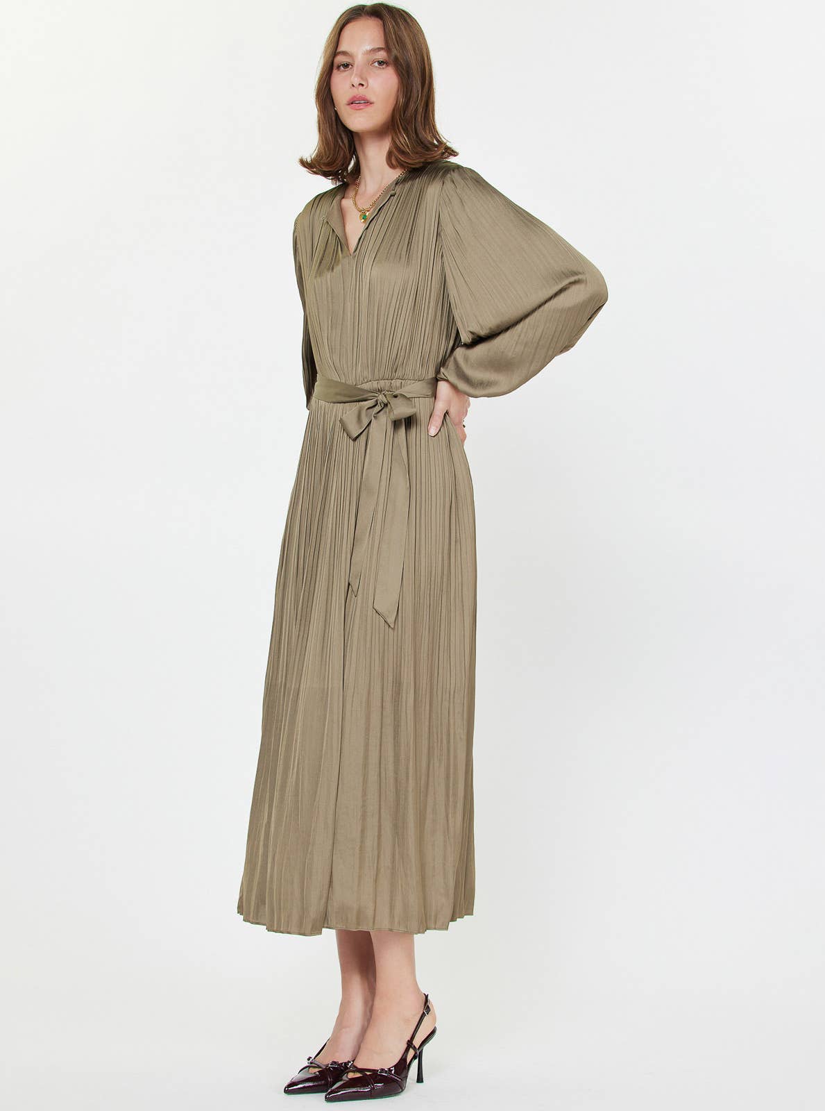 Pleated Long Sleeve Midi Dress