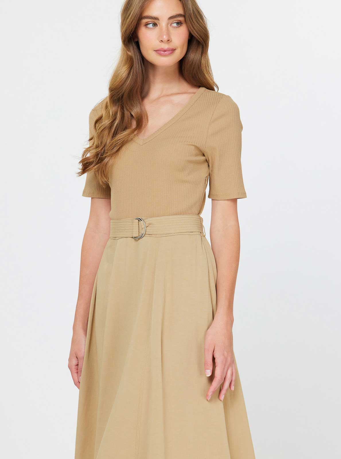Knit Top And Woven Skirt Combo Midi Dress