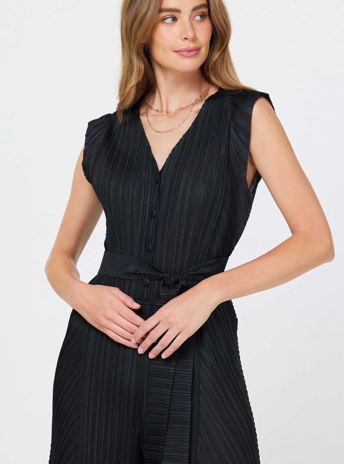 Pleated Sleeveless Button Front Jumpsuit
