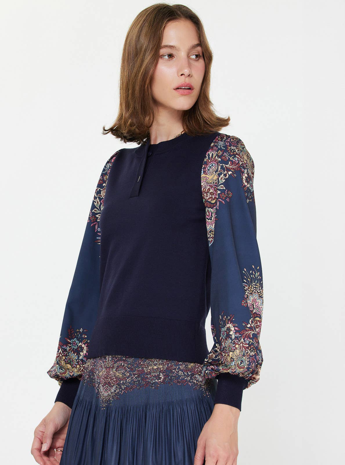 Paisley Printed Woven Combo Sweater