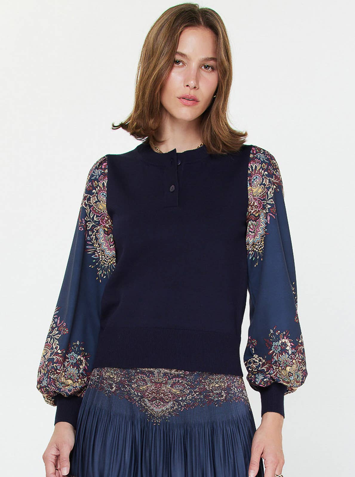 Paisley Printed Woven Combo Sweater
