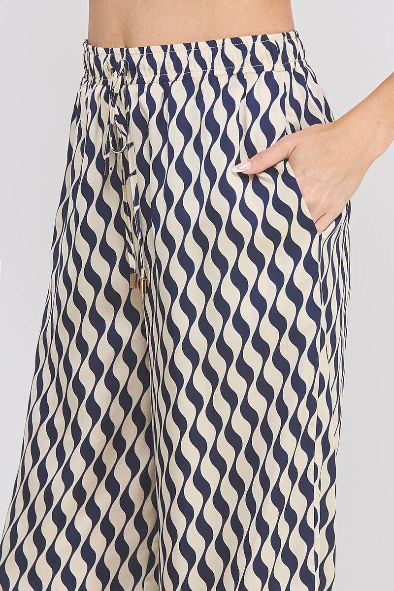 Printed satin elastic tie waist wide leg pant