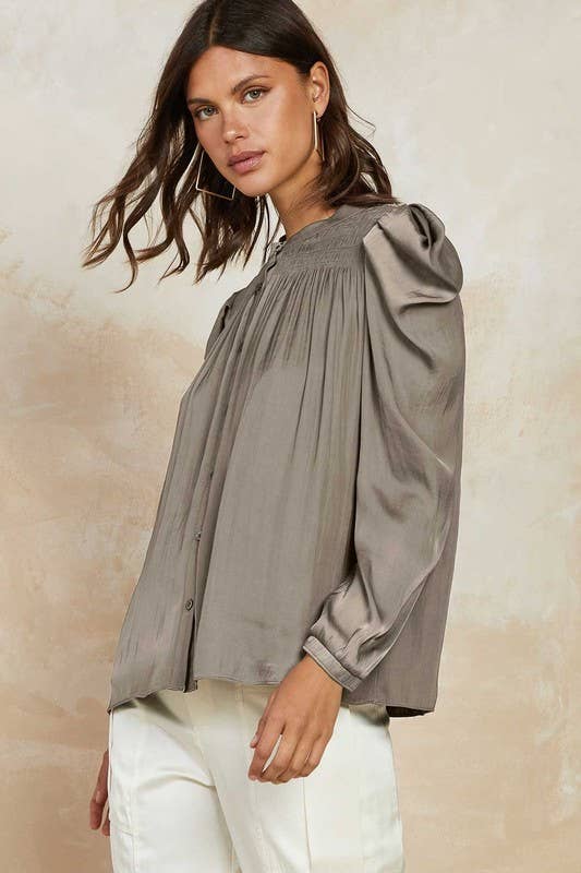 Puffed Shoulder Button Front Blouse