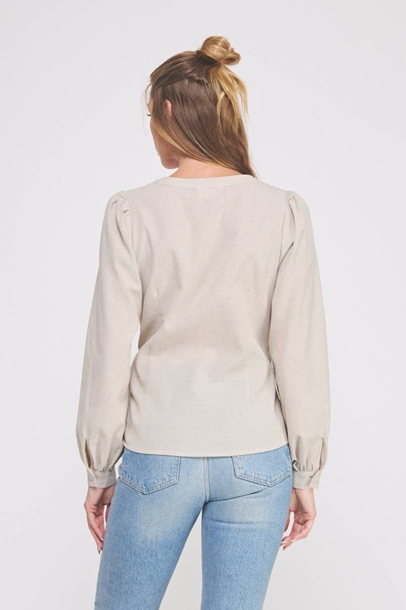 Striped cotton blend side wrap-tie button up blouse