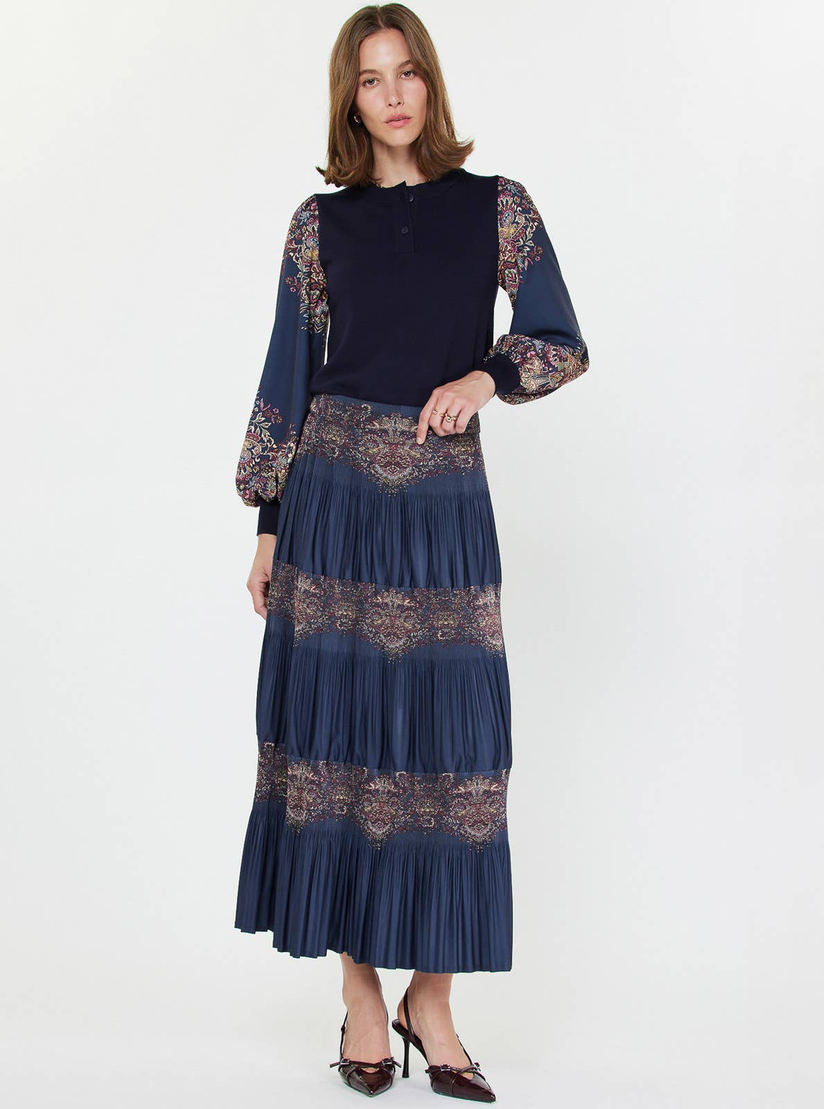 Paisley Print Pleated Tier Skirt