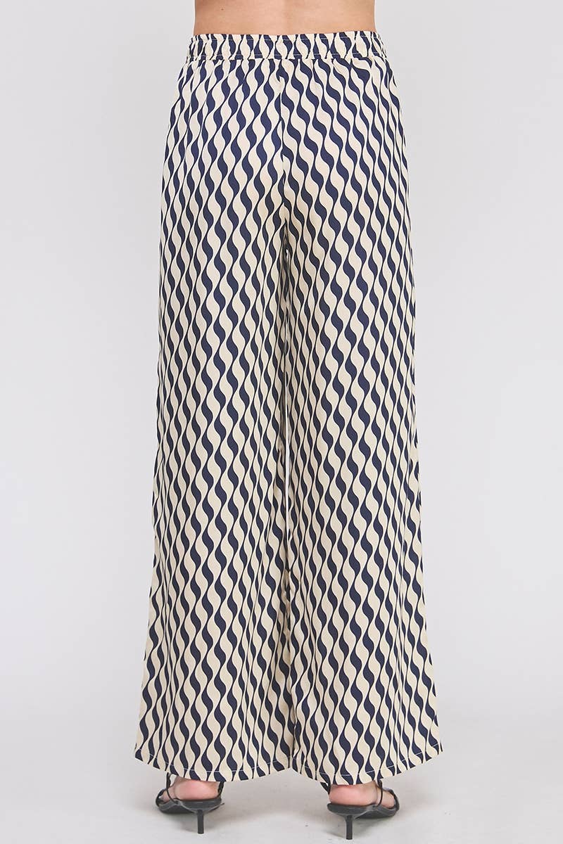 Printed satin elastic tie waist wide leg pant