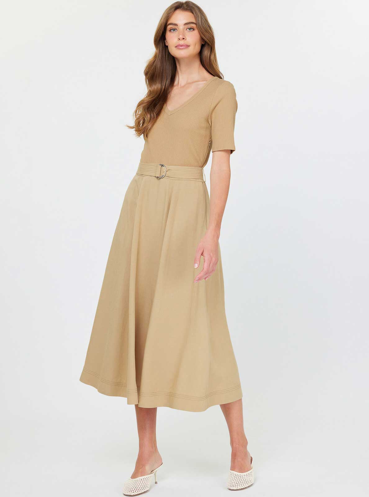 Knit Top And Woven Skirt Combo Midi Dress