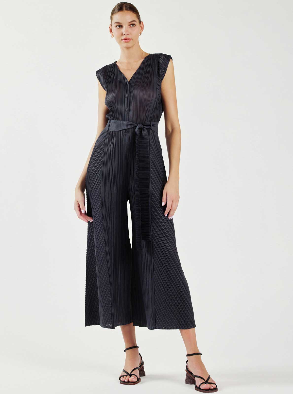 Pleated Sleeveless Button Front Jumpsuit