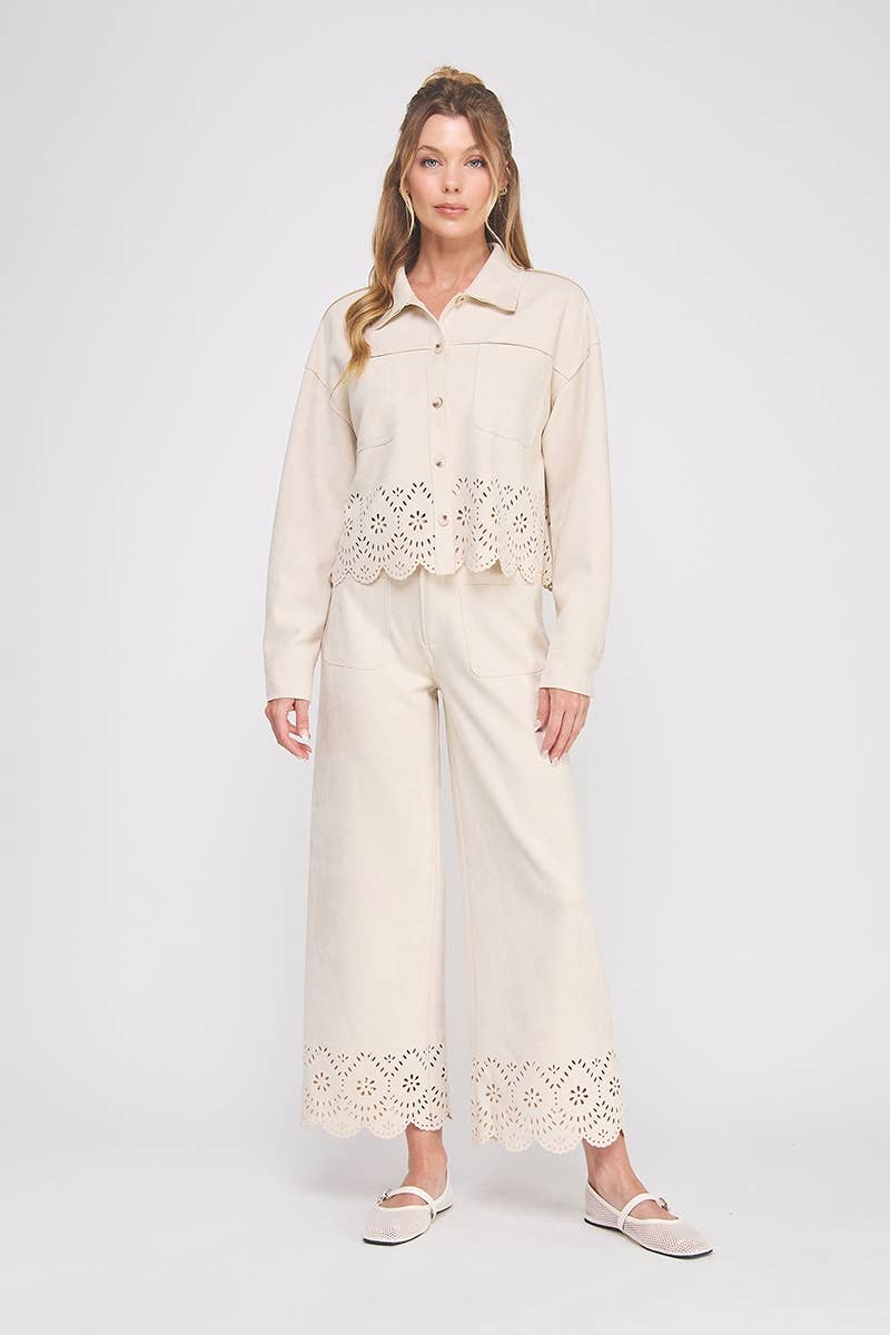 Suede laser cut wide leg pants