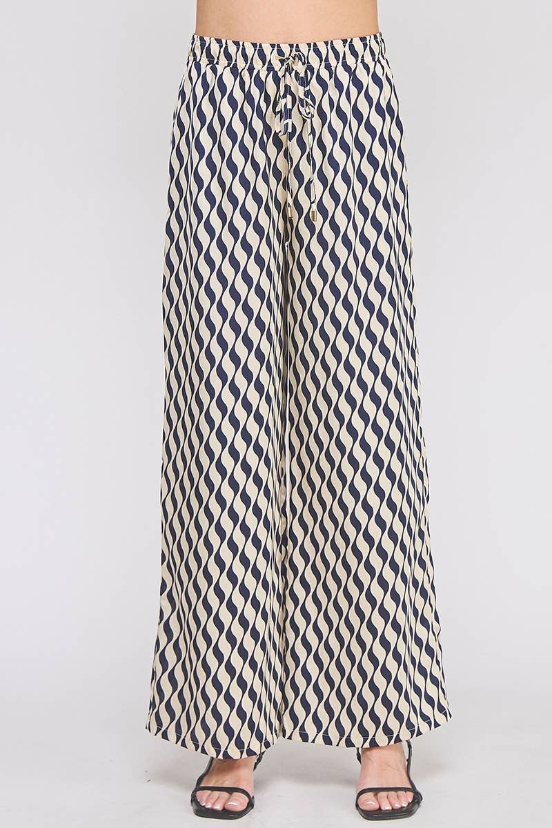 Printed satin elastic tie waist wide leg pant
