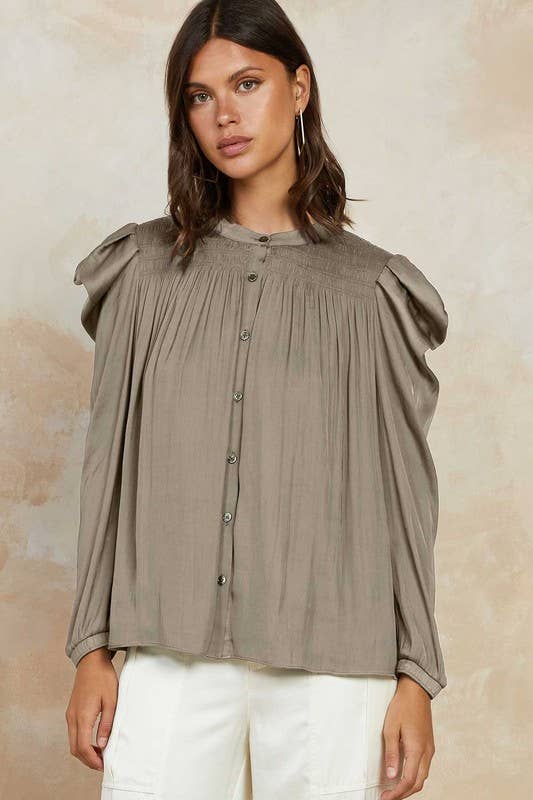 Puffed Shoulder Button Front Blouse