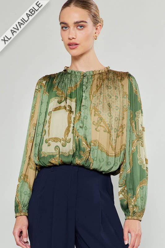 Printed Bubble Hem Blouse-XL