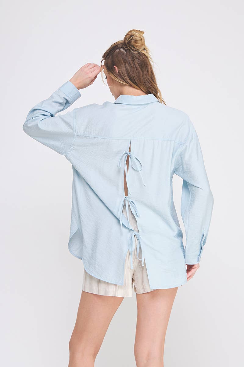Drapey Textured Woven Button-Up Collared Shirt W/ Back Ties