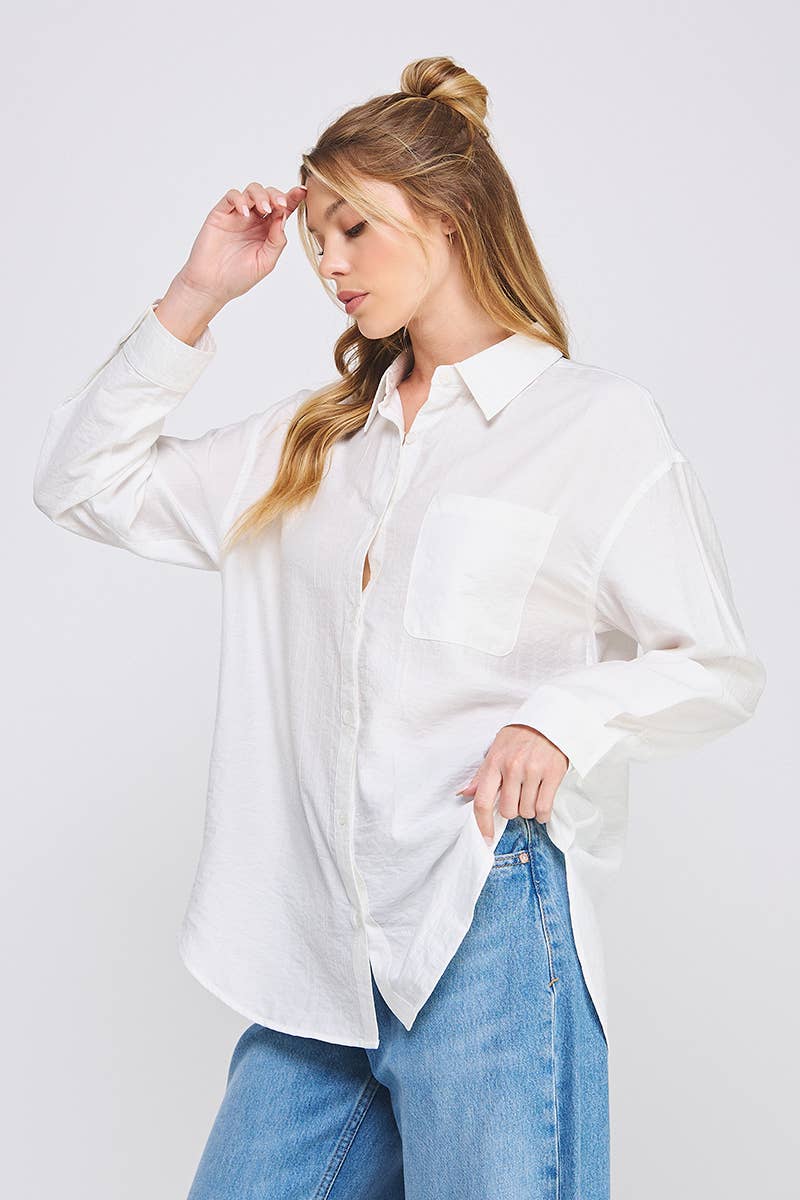 Drapey Textured Woven Button-Up Collared Shirt W/ Back Ties
