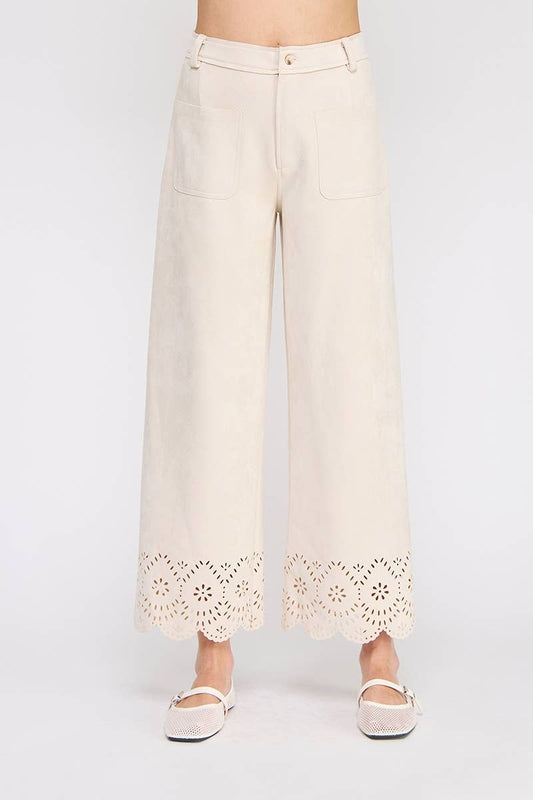 Suede laser cut wide leg pants