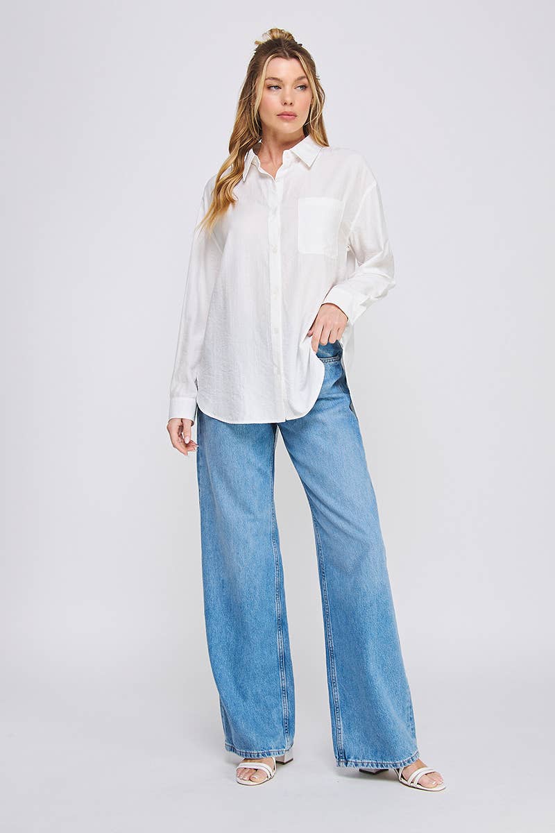 Drapey Textured Woven Button-Up Collared Shirt W/ Back Ties