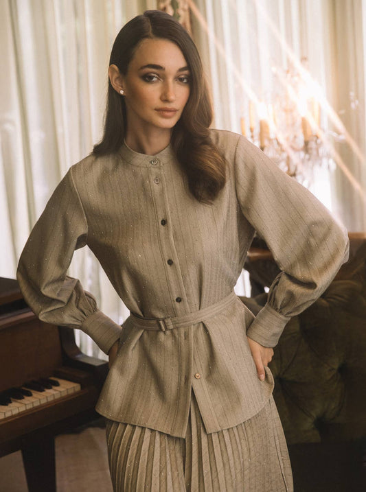 Pinstriped W/Rhinestones Belted Top