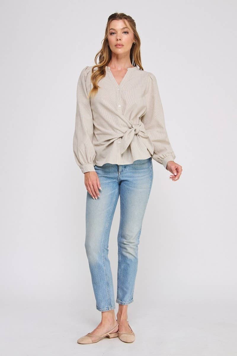 Striped cotton blend side wrap-tie button up blouse