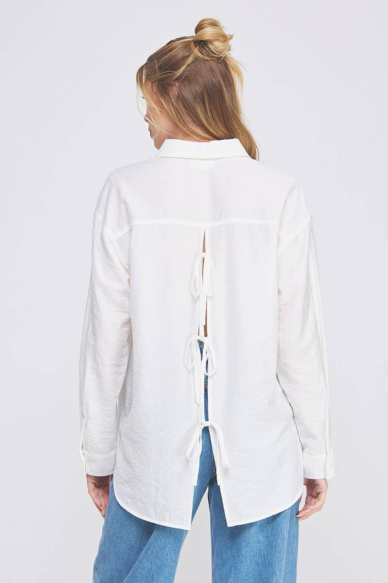 Drapey Textured Woven Button-Up Collared Shirt W/ Back Ties