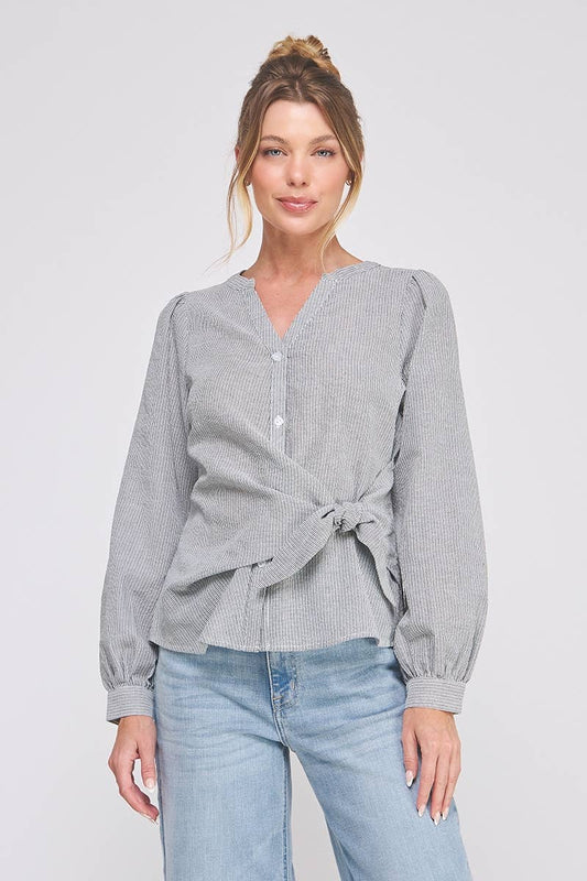 Striped cotton blend side wrap-tie button up blouse