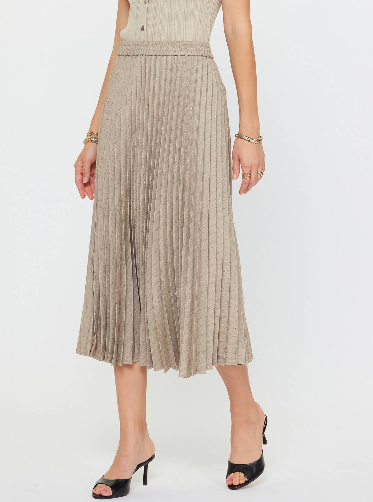 Pleated Rhinestones Midi Skirt