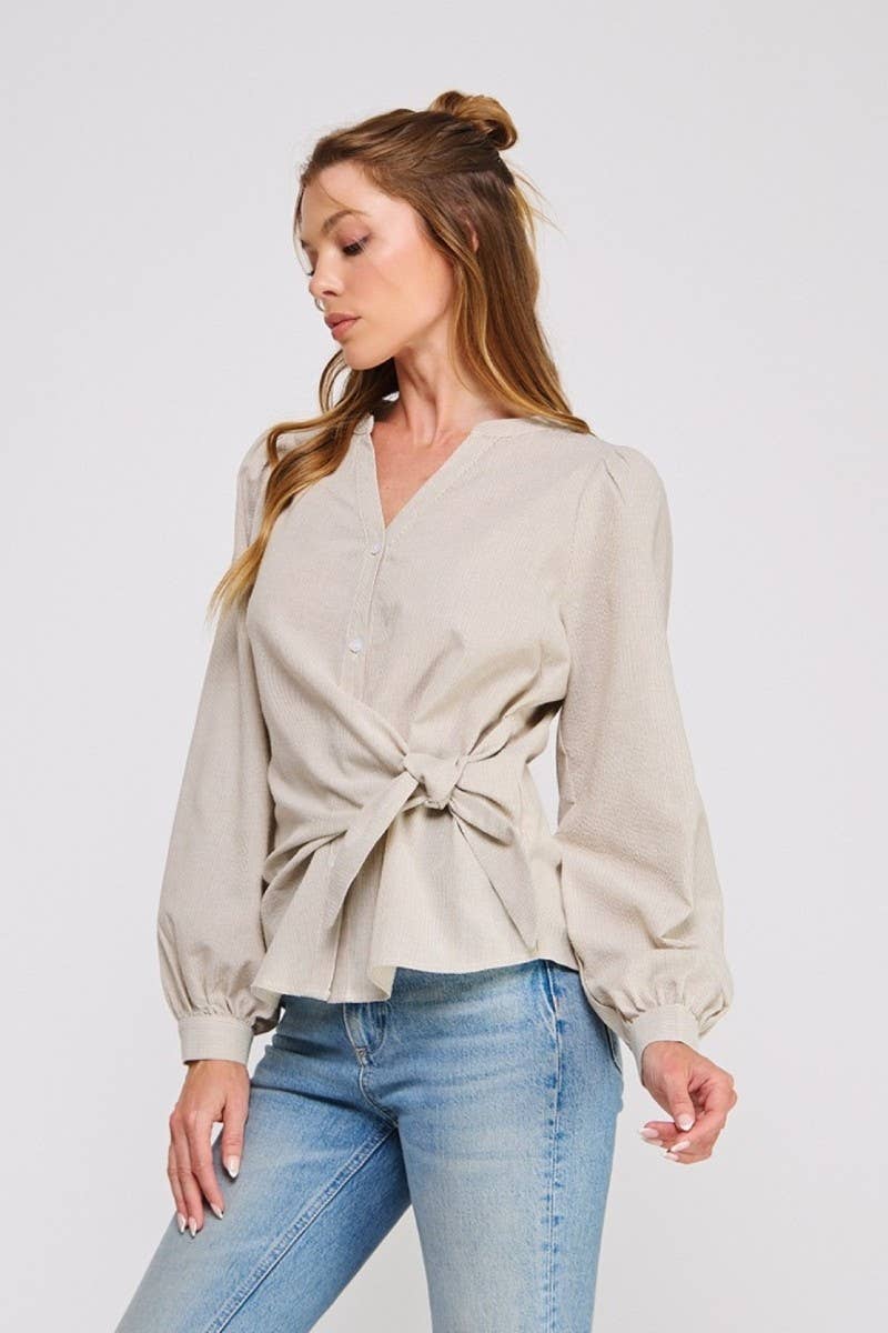 Striped cotton blend side wrap-tie button up blouse
