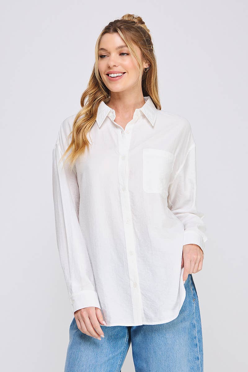 Drapey Textured Woven Button-Up Collared Shirt W/ Back Ties