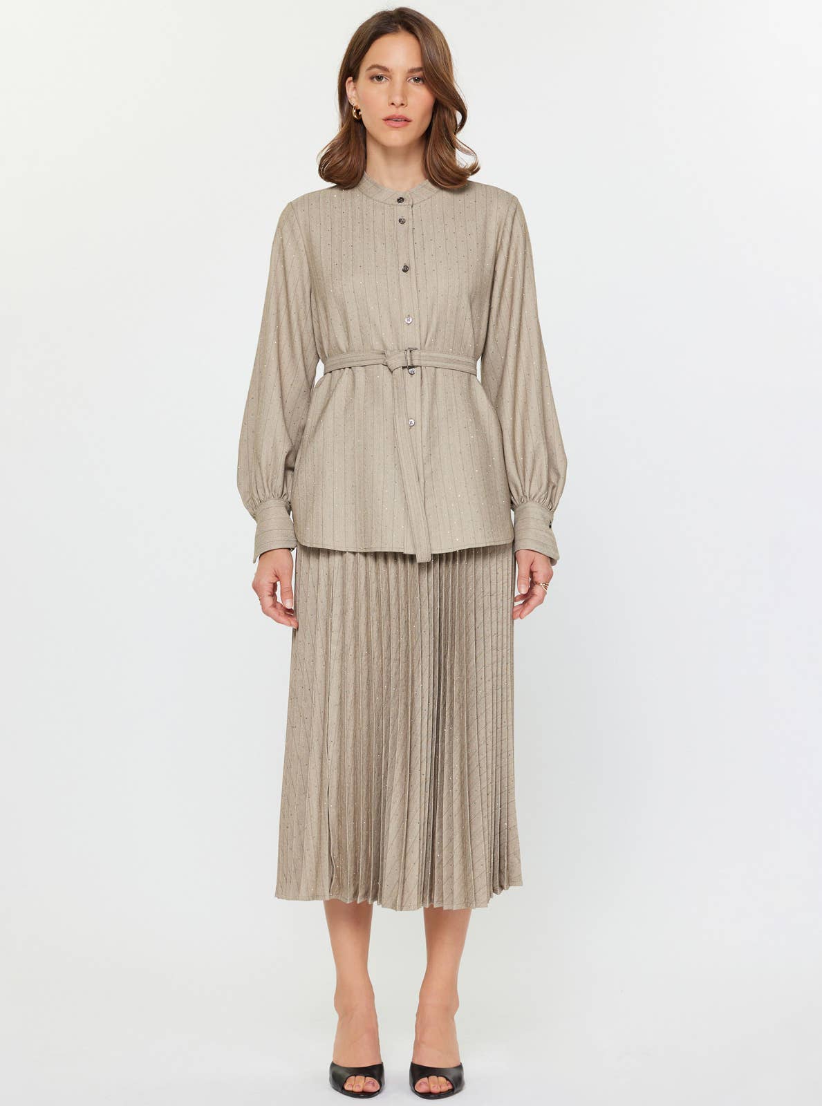 Pinstriped W/Rhinestones Belted Top