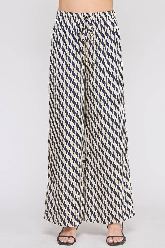 Printed satin elastic tie waist wide leg pant