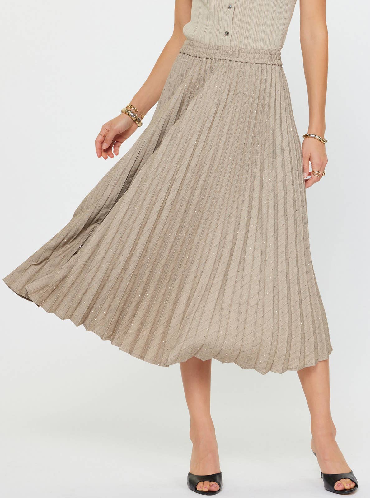 Pleated Rhinestones Midi Skirt